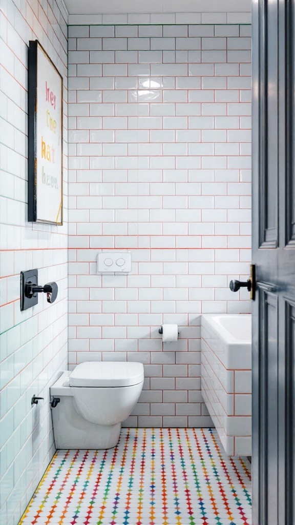 A small bathroom featuring white subway tiles with peach grout and a colorful tiled floor.