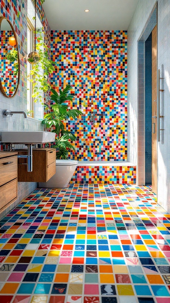 A vibrant bathroom featuring colorful mosaic tile patterns on the floor and walls.