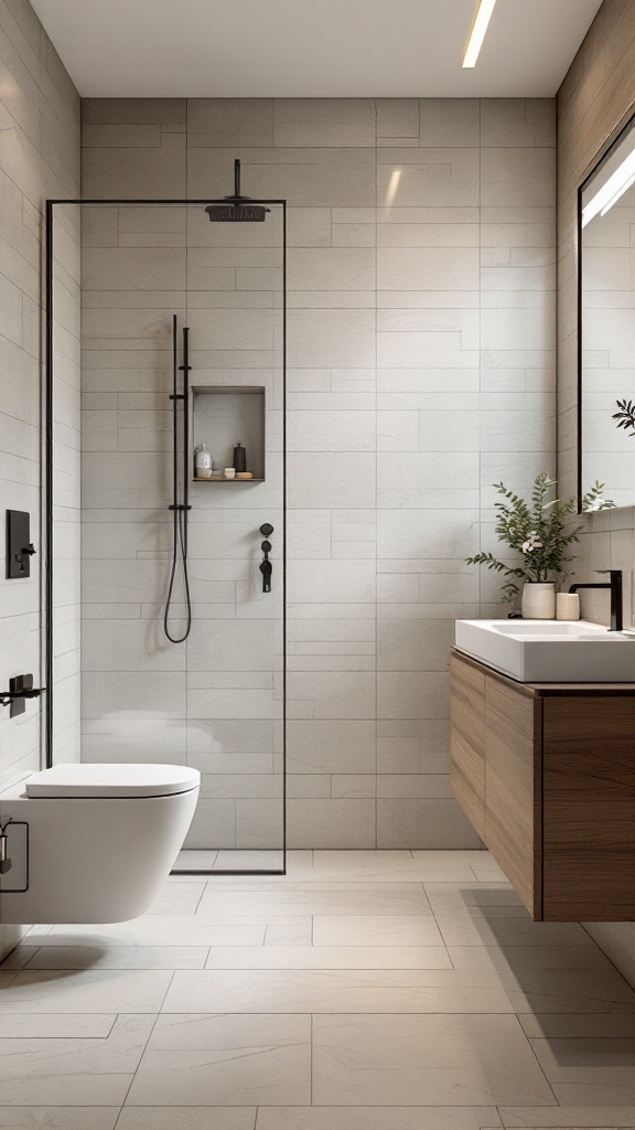 A modern bathroom with durable porcelain floor tiles and stylish fixtures.