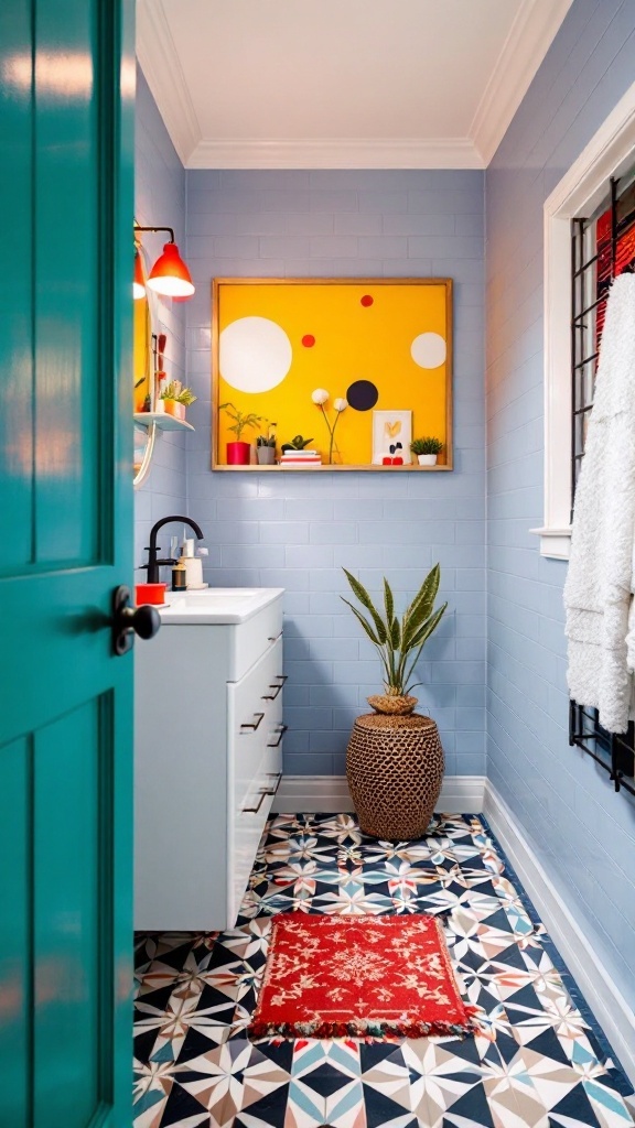 A bathroom featuring geometric floor tiles in vibrant colors, with modern fixtures and decor.