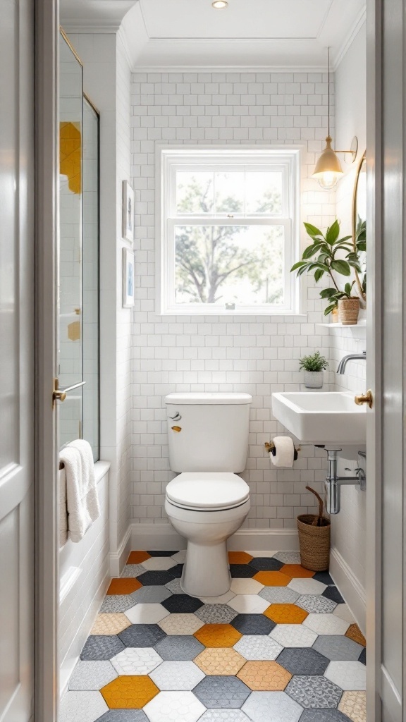 A small bathroom featuring hexagonal floor tiles in various colors, including grey, white, and orange, along with white subway tiles on the walls.