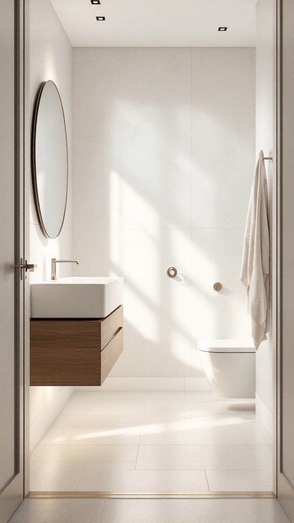 A modern small bathroom featuring light-colored floor tiles, a floating sink, and minimalist design.