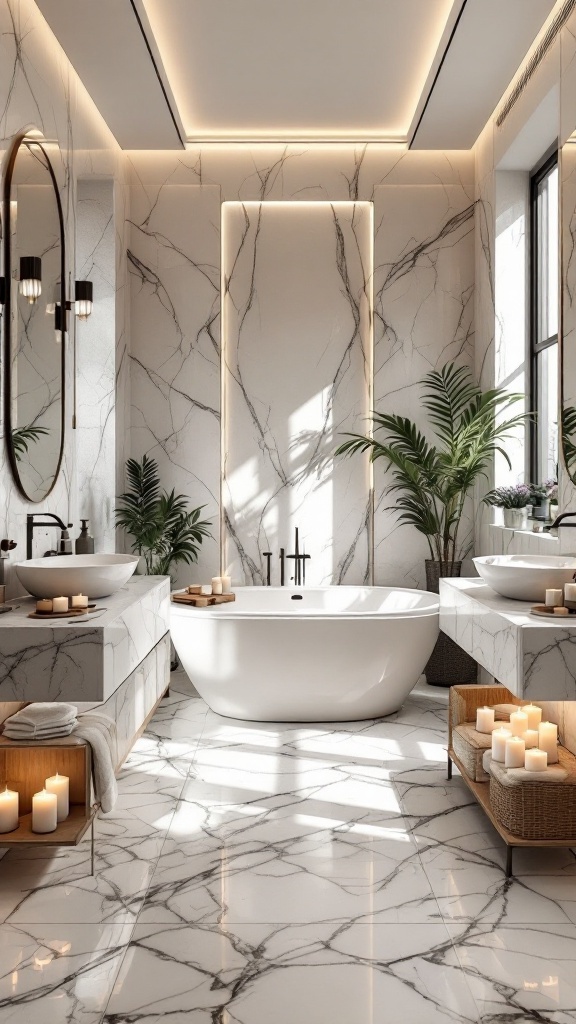 Luxurious bathroom featuring marble tiles with a modern bathtub and natural decor