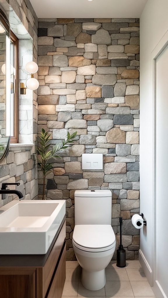 A small bathroom featuring a natural stone accent wall, modern sink, and toilet.
