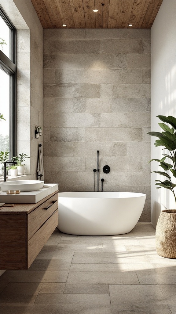 Bathroom interior featuring natural stone floor tiles, a white bathtub, and wooden cabinetry