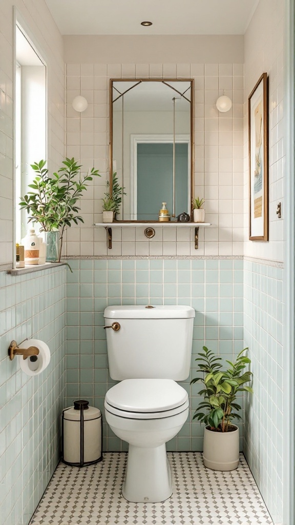 A small bathroom featuring retro-style ceramic tiles in light blue and white, complemented by plants and a brass-framed mirror.