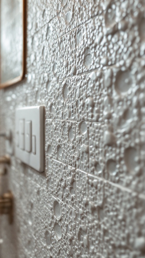 Close-up of textured accent tiles in a small bathroom