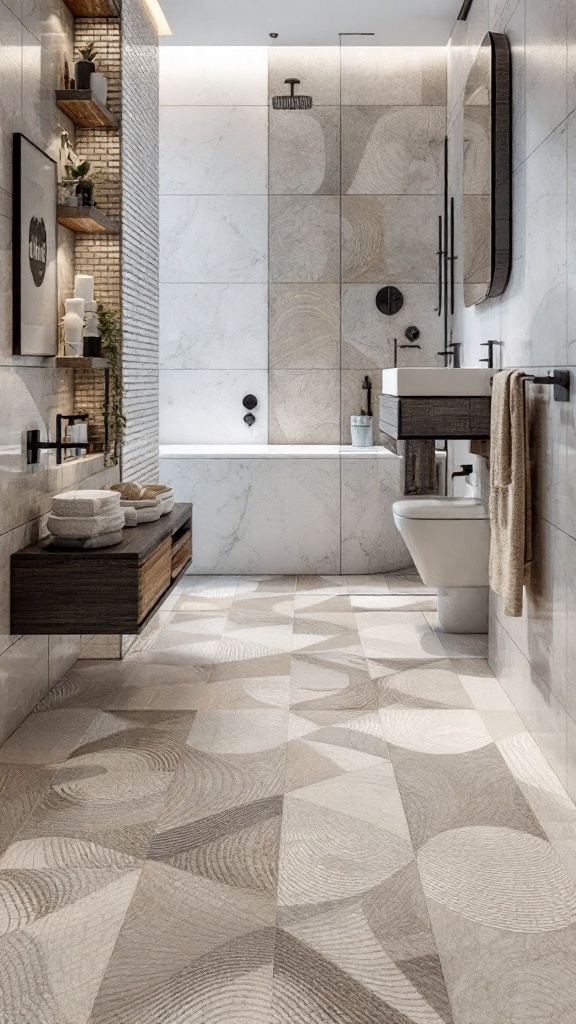 A modern bathroom with textured floor tiles featuring swirling patterns in neutral colors.