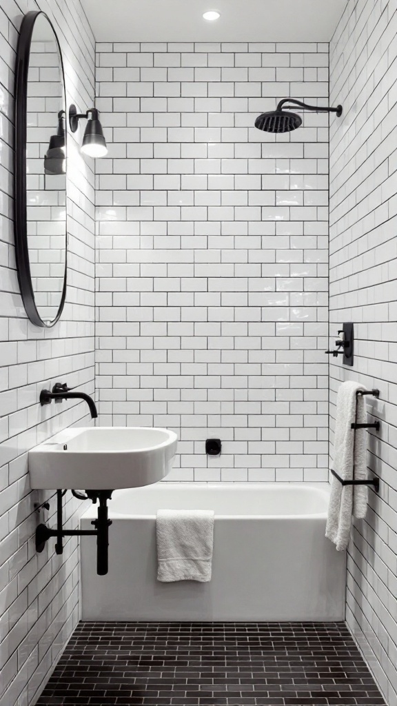 A small bathroom featuring vertical white subway tiles on the walls, a black showerhead, a round mirror, and a modern sink.
