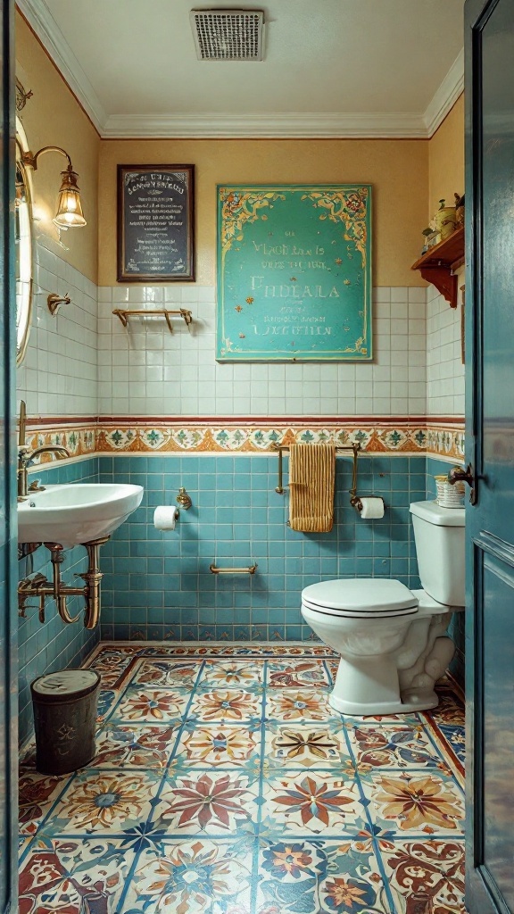A bathroom featuring vintage cement tiles with floral and geometric patterns on the floor, blue and cream wall tiles, and warm lighting.