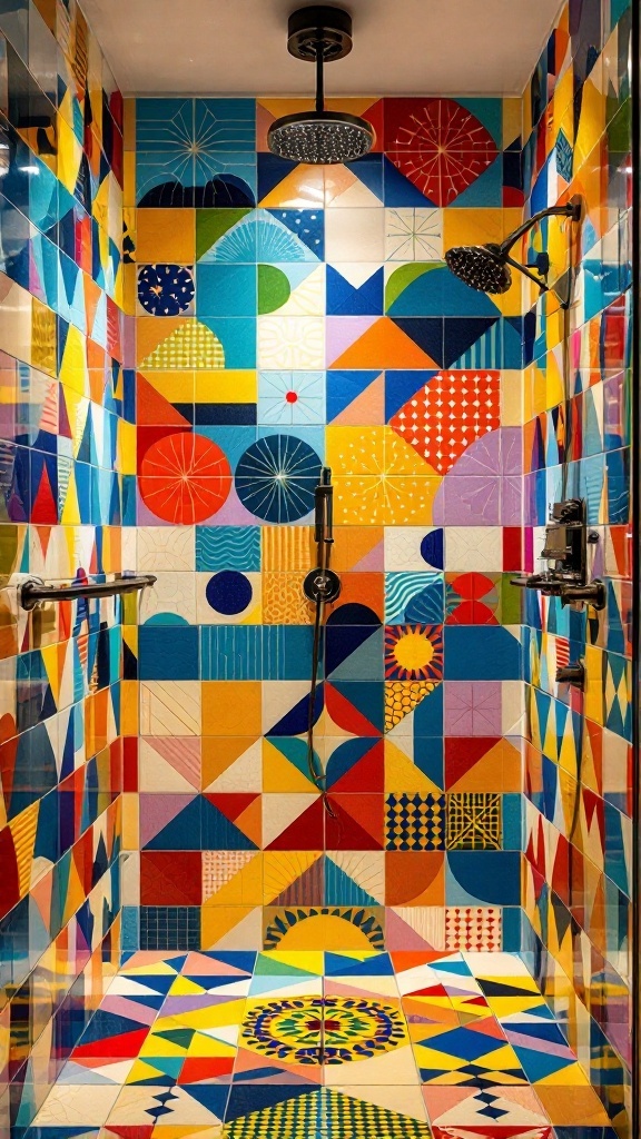 Shower area featuring bold geometric tile patterns in bright colors.