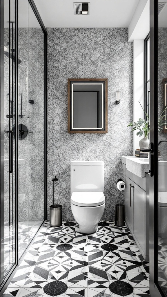 A modern bathroom featuring a bold black and white terrazzo tile floor, patterned walls, a wooden-framed mirror, and sleek fixtures.