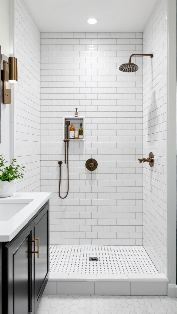 A modern shower area featuring classic white subway tiles, bronze fixtures, and a sleek design.