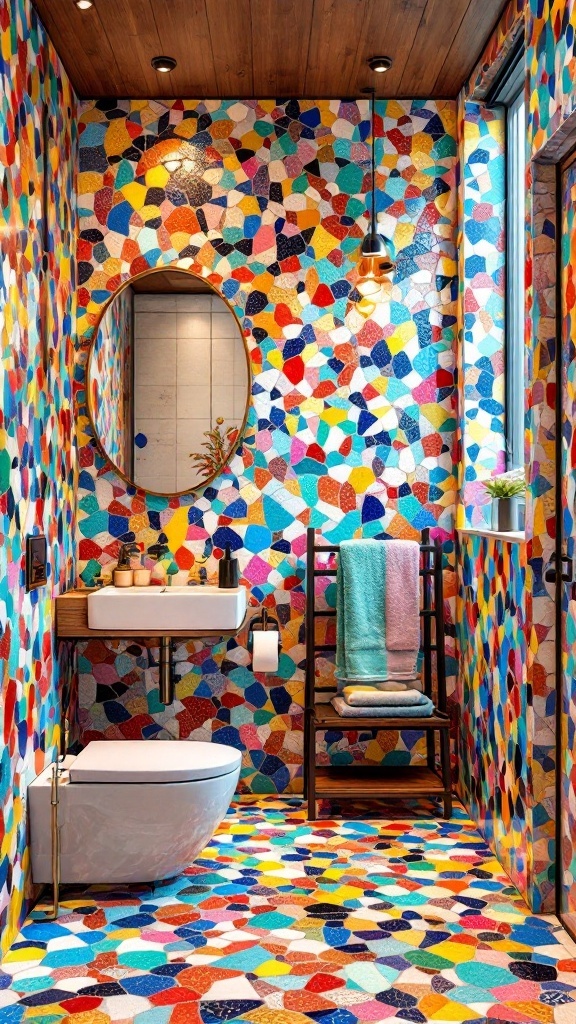 A colorful bathroom with terrazzo mosaic walls, featuring bright tiles in various shapes and colors, a round mirror, sink, and wooden elements.