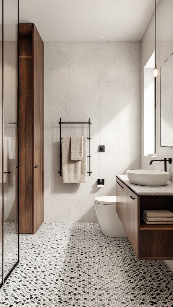Modern bathroom featuring terrazzo tile flooring with black and white patterns, wooden cabinetry, and minimalistic design elements.