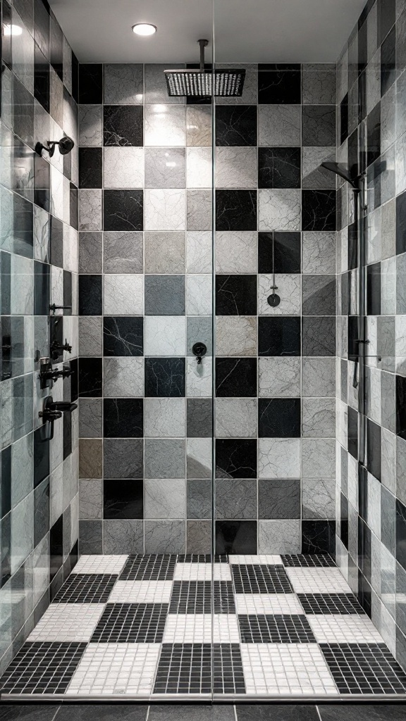 A modern shower featuring contrasting dark and light tiles in a checkerboard pattern