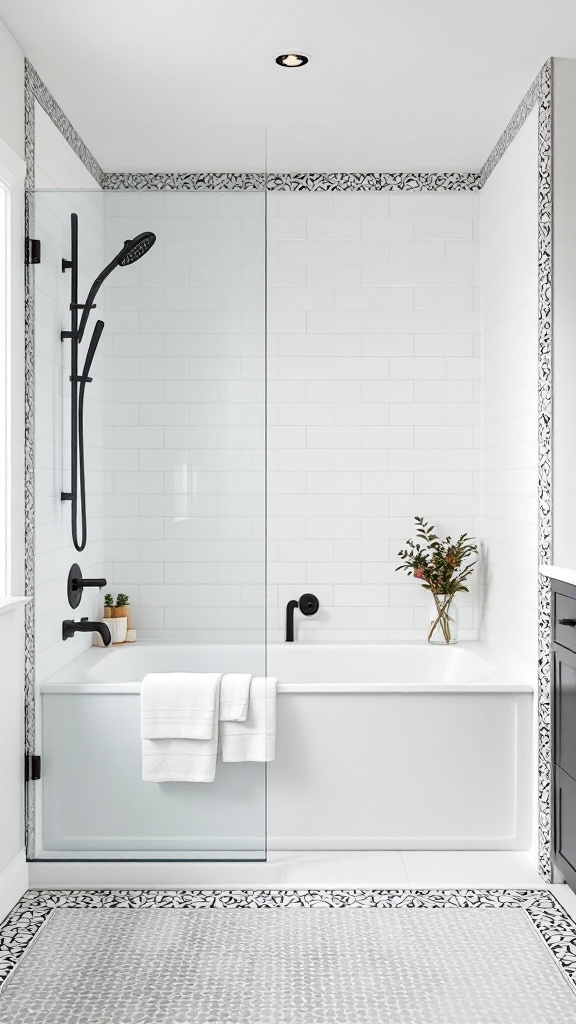 A modern bathroom featuring a terrazzo tile border around the shower area, with a clean aesthetic and minimalist decor.