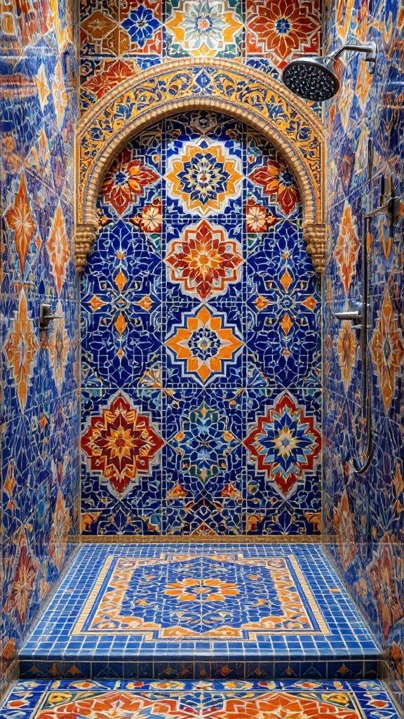 A vibrant shower featuring exotic Moroccan tiles with intricate geometric patterns in blue, orange, and yellow.