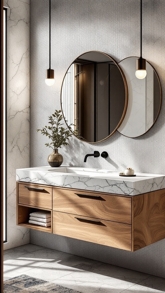 A stylish bathroom featuring a floating vanity with a marble countertop and wooden drawers, complemented by round mirrors and pendant lighting.