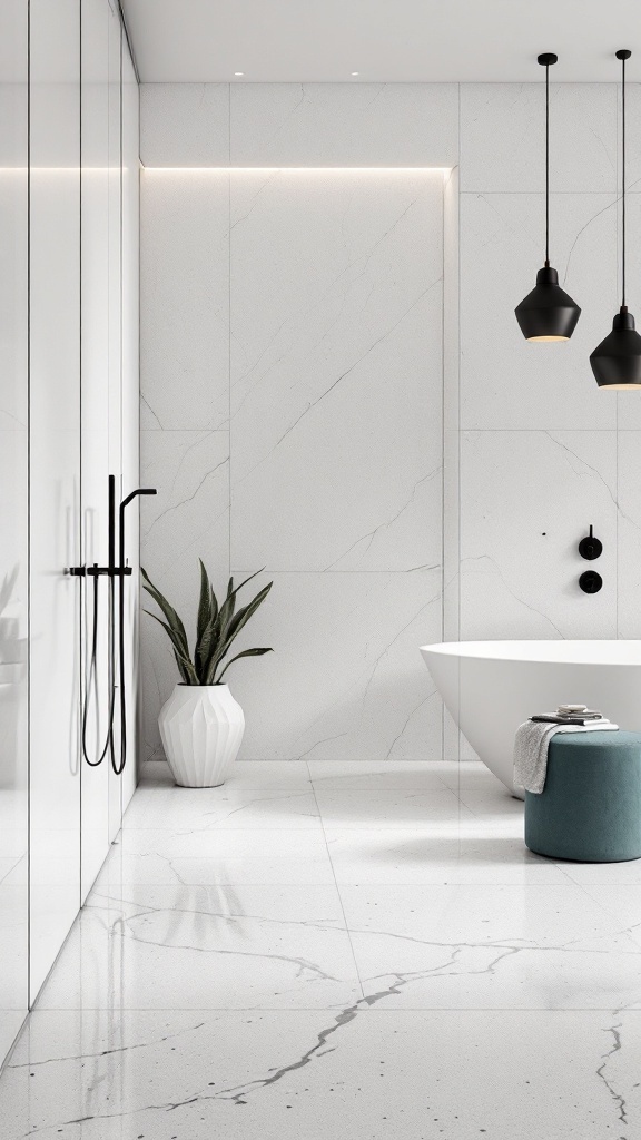A minimalist bathroom featuring terrazzo tile floors, a freestanding tub, and modern black fixtures.