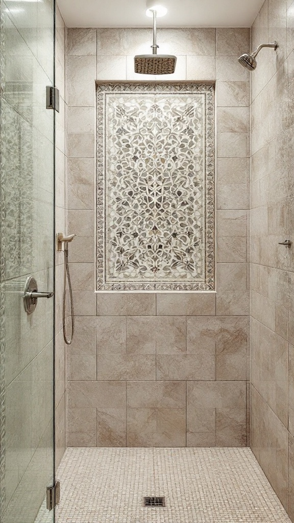 A shower with large tiles and a mosaic tile accent featuring a floral design