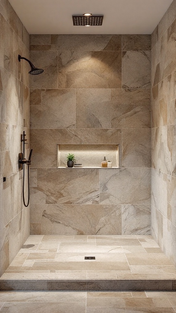 A modern shower featuring natural stone tiles in earthy tones, with a built-in niche and stylish shower fixtures.