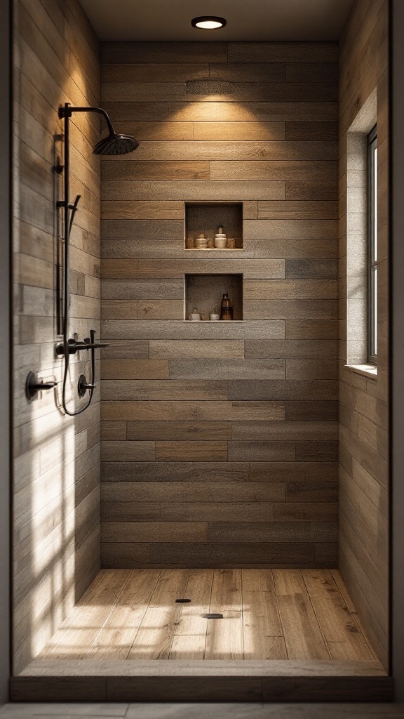 A modern shower featuring rustic wood-look tiles with built-in shelves.