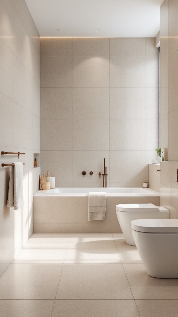 A sleek minimalist bathroom featuring large, neutral tiles, a bathtub, and modern fixtures.