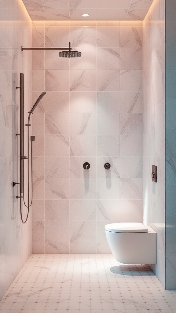 A modern bathroom shower featuring soft pastel shade tiles and sleek fixtures.