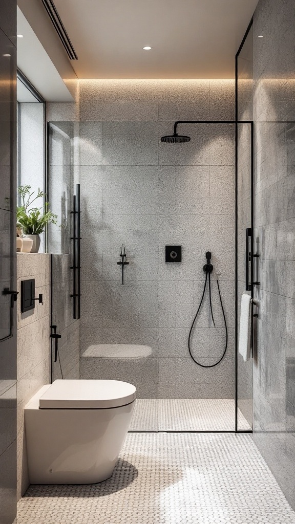 A modern small bathroom featuring hexagonal terrazzo tiles, a glass shower, and black fixtures.