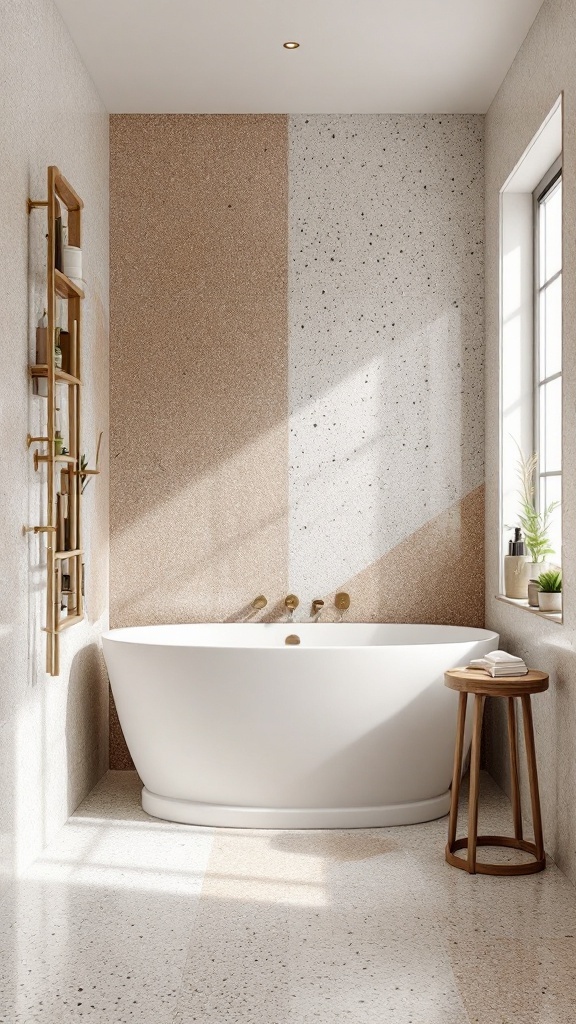 A modern bathroom featuring a white bathtub, beige and speckled terrazzo tiles on the walls and floor, with natural light streaming in.