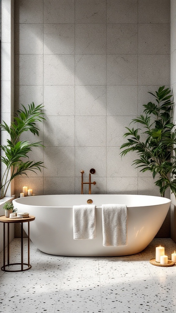 A stylish bathroom with a white bathtub, terrazzo tiles, plants, and candles.