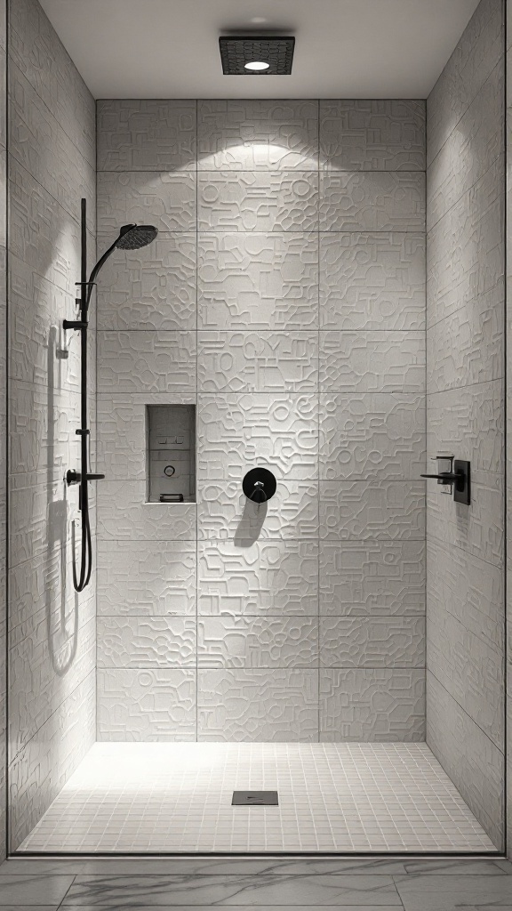 A modern shower featuring textured 3D tiles with a unique pattern.