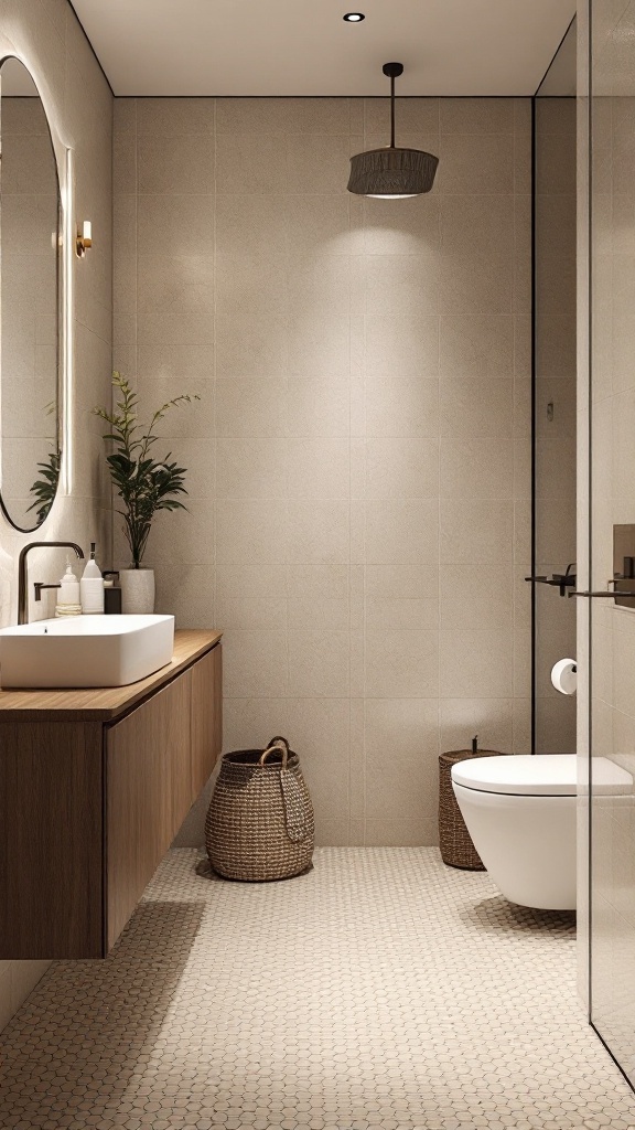 Modern bathroom featuring beige hexagonal tiles, wooden vanity, and plants.