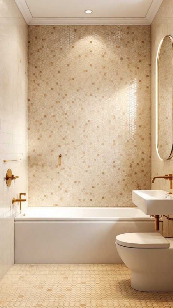 A bathroom featuring beige mosaic tiles on the walls and floor, with modern fixtures.