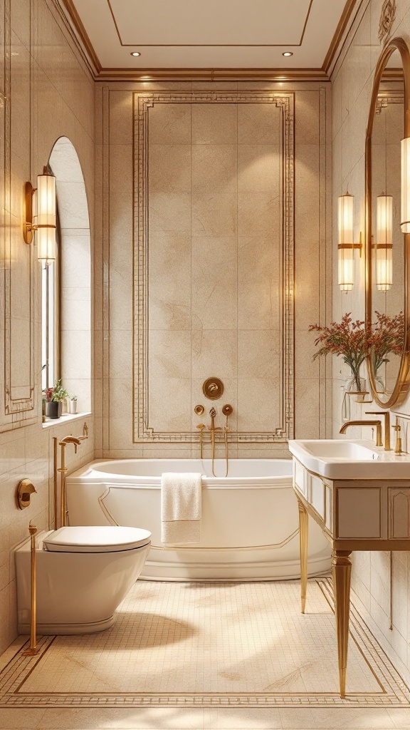 Elegant bathroom featuring beige tiles with gold accents, a white bathtub, and decorative lighting.