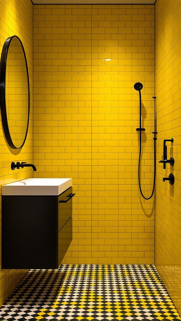 A modern bathroom featuring bold yellow tile walls, a black round mirror, and black fixtures.