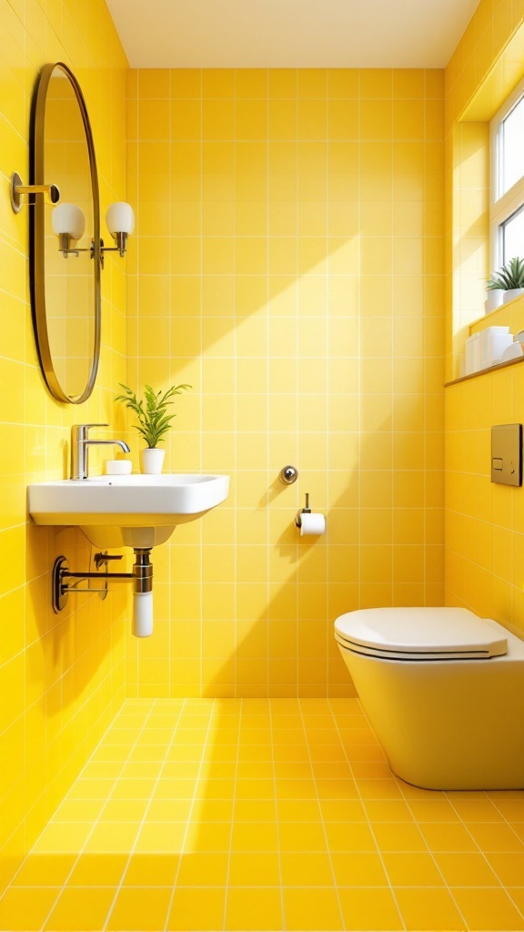 A bright yellow tiled bathroom featuring a round mirror, white sink, and toilet, with plants for decoration.
