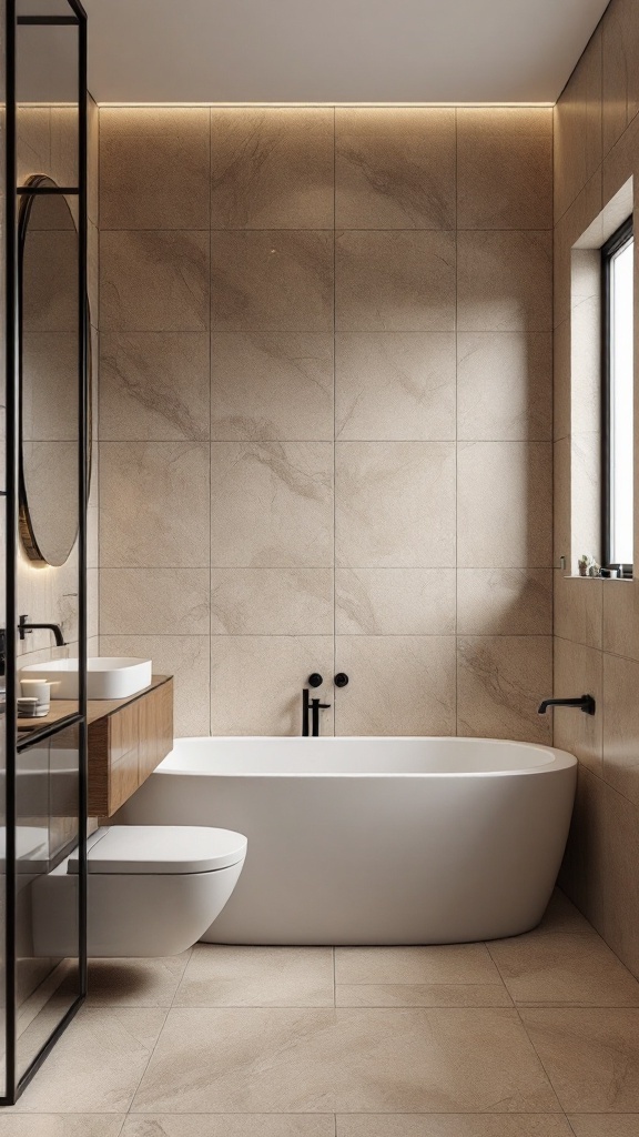 A modern bathroom featuring beige tiles and dark grout