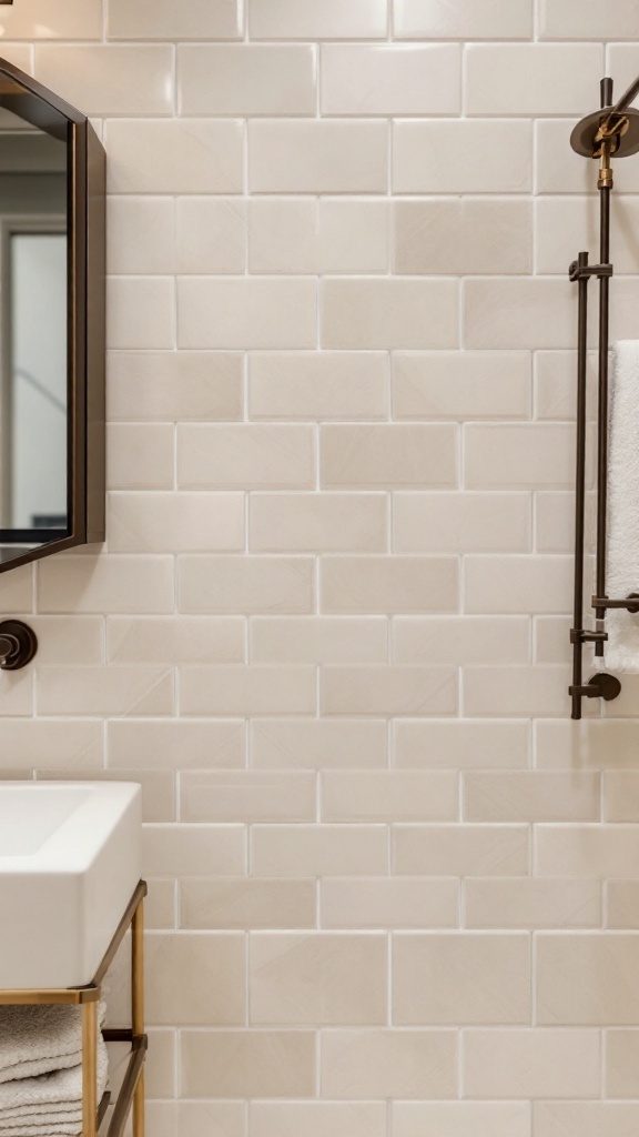 Elegant beige subway tile bathroom wall with a mirror and towel rack