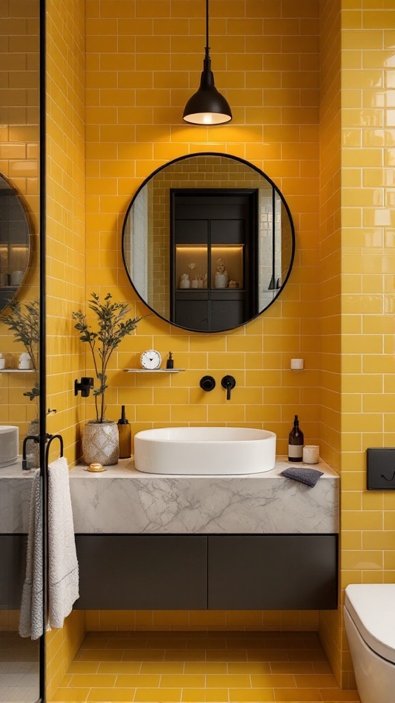 Modern bathroom with mustard yellow tiles, marble countertop, and black accents