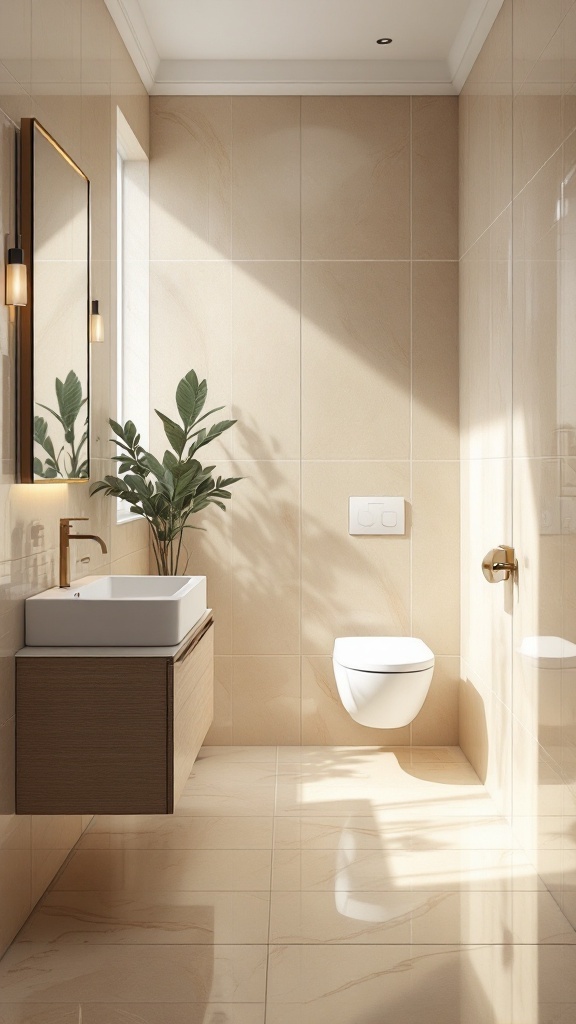 A modern bathroom featuring glossy beige tiles on the walls and floor, with a sink, mirror, and plant.