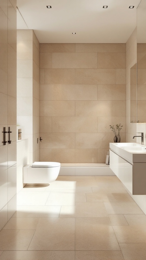A spacious bathroom with large format beige tiles on the floor and walls, featuring minimalistic fixtures and natural light.