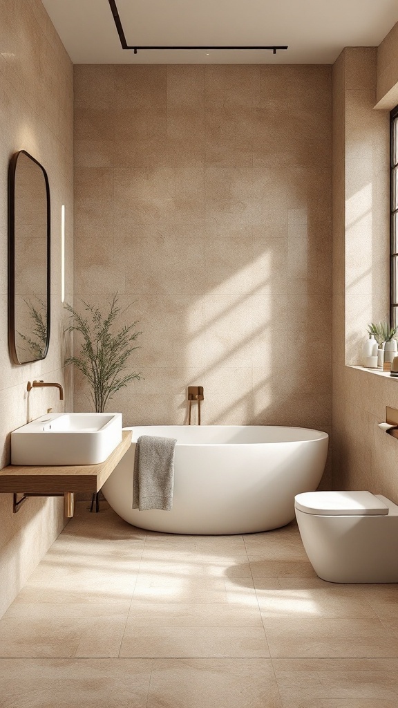 A beige tiled bathroom featuring a bathtub, sink, and wooden accents.