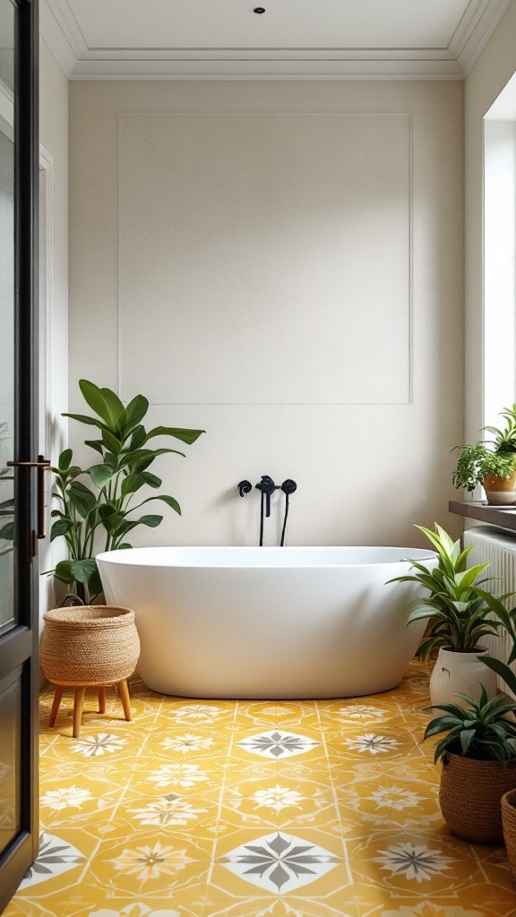 A bright yellow patterned floor in a modern bathroom with a freestanding bathtub and plants.