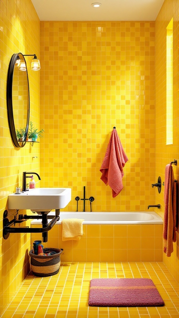 A bright yellow tiled bathroom featuring a white sink, black fixtures, and colorful accessories.