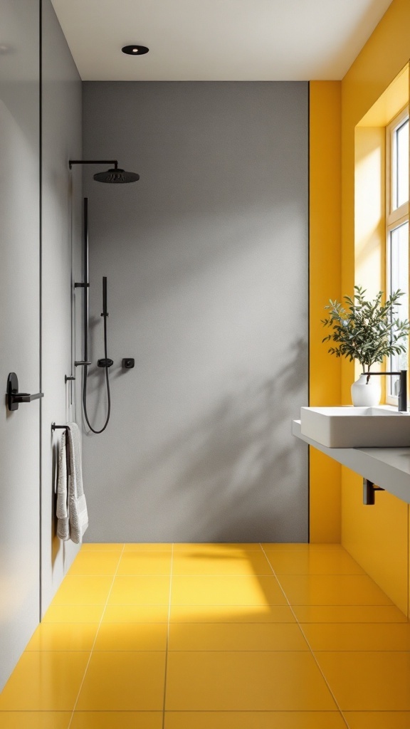 A modern bathroom featuring sunny yellow tiles on the floor, grey walls, and a large window with a potted plant.