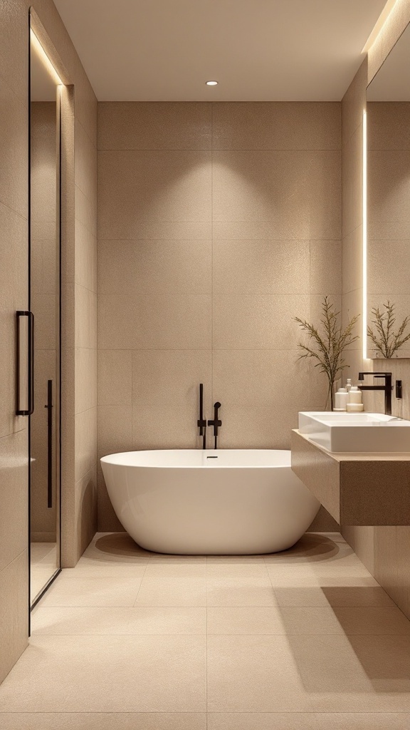 A modern bathroom featuring textured beige porcelain tiles, a freestanding white tub, and stylish black fixtures.