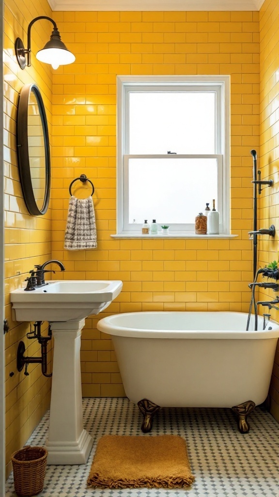 A vintage-inspired bathroom featuring bright yellow subway tiles on the walls, a white freestanding bathtub, and a pedestal sink.