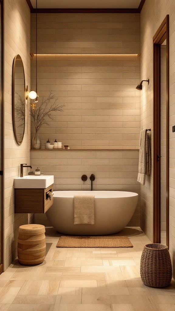 A modern bathroom featuring warm beige tiles and wooden elements, including a wooden stool and cabinet.